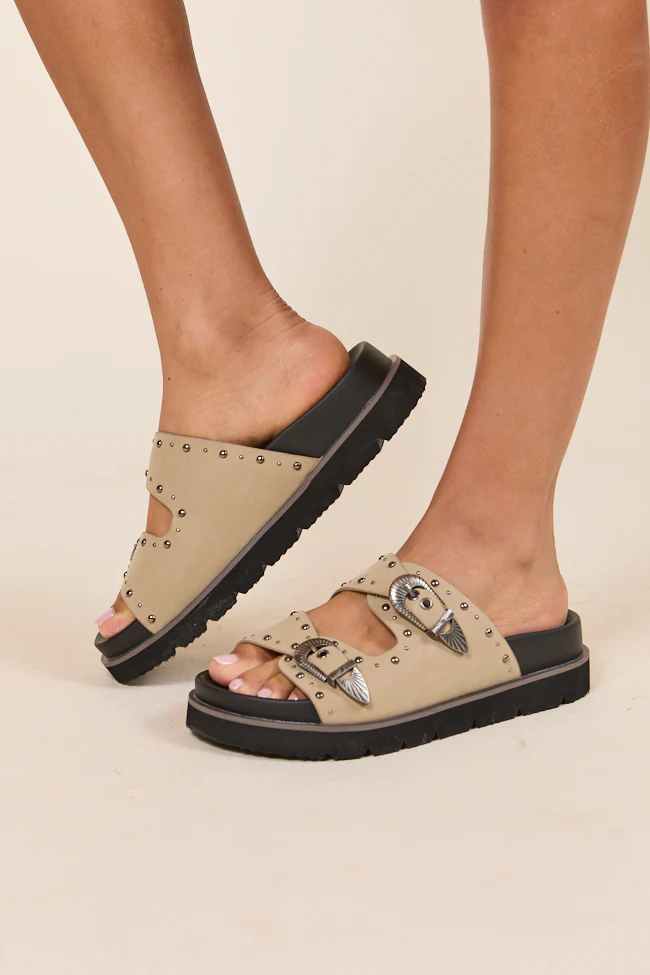 Effie Taupe Buckle Slide Sandals - Terpint