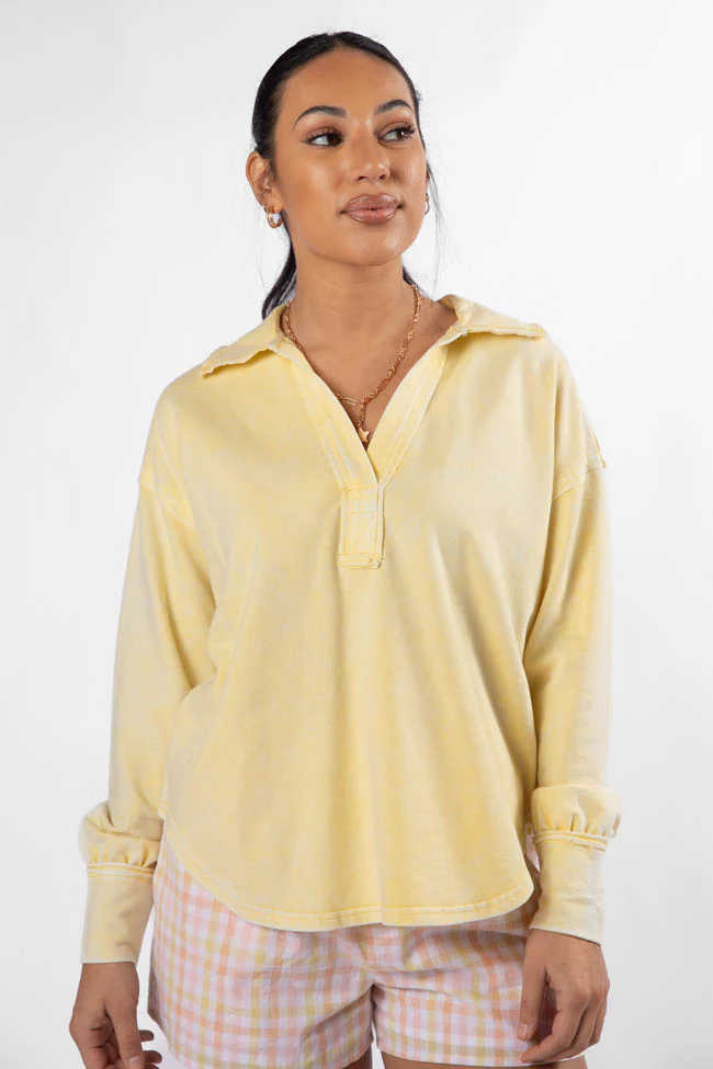 Take A Chance Yellow Acid Wash Knit Collared Long Sleeve Tee FINAL SALE - Terpint
