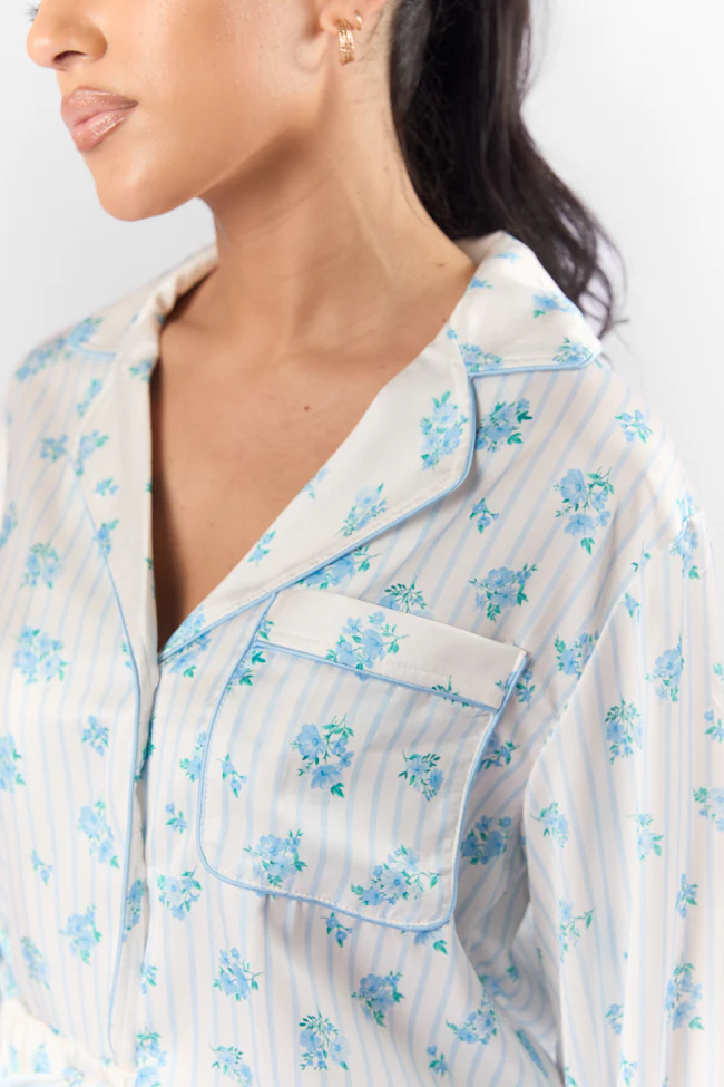 Sleep On My Side Blue Floral Satin Long Sleeve Pajama Top FINAL SALE - Terpint