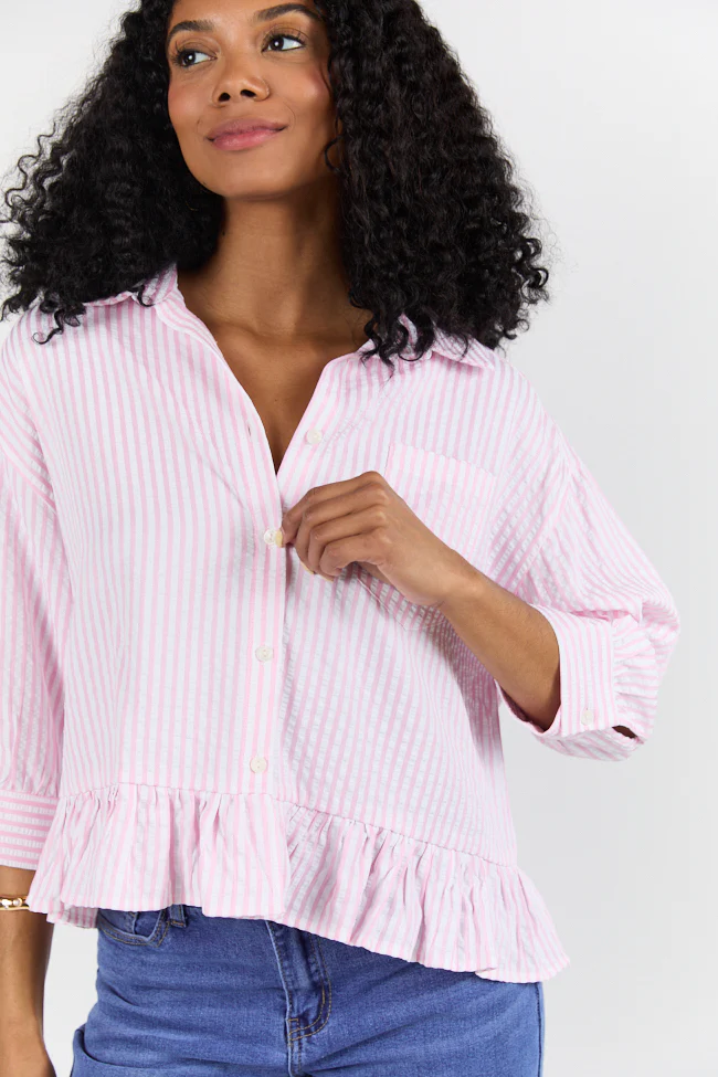 In Depth Pink Ruffle Hem Textured Stripe Button Down Top SALE - Terpint