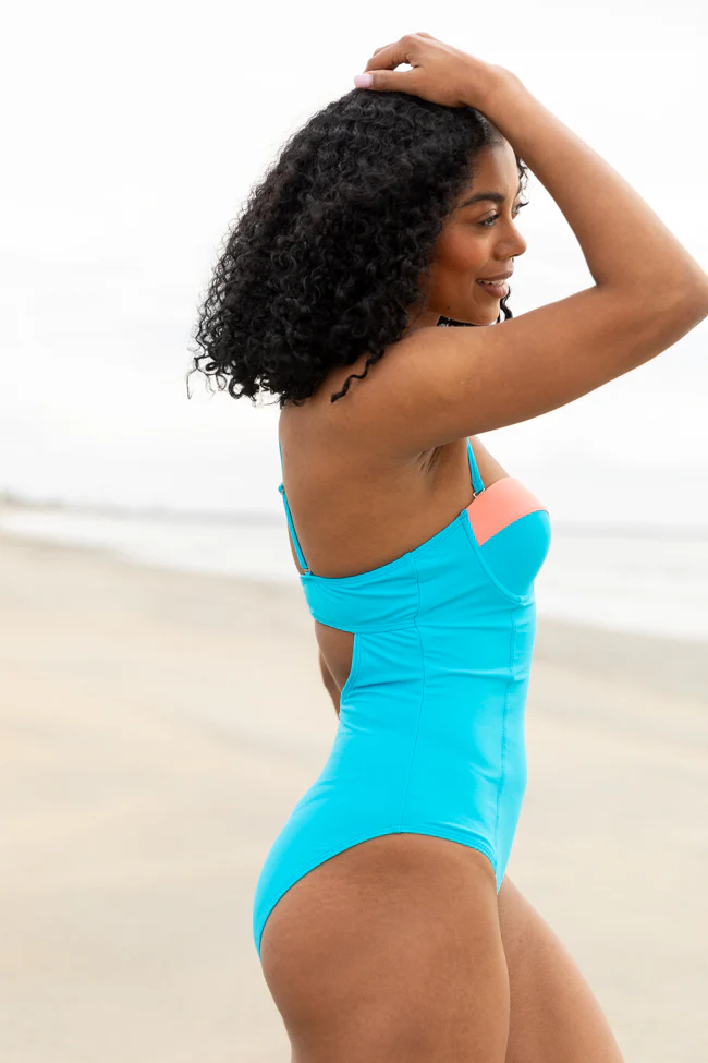 Sandbar Soiree Blue and Coral Contrast Trim One Piece Swimsuit FINAL SALE - Terpint