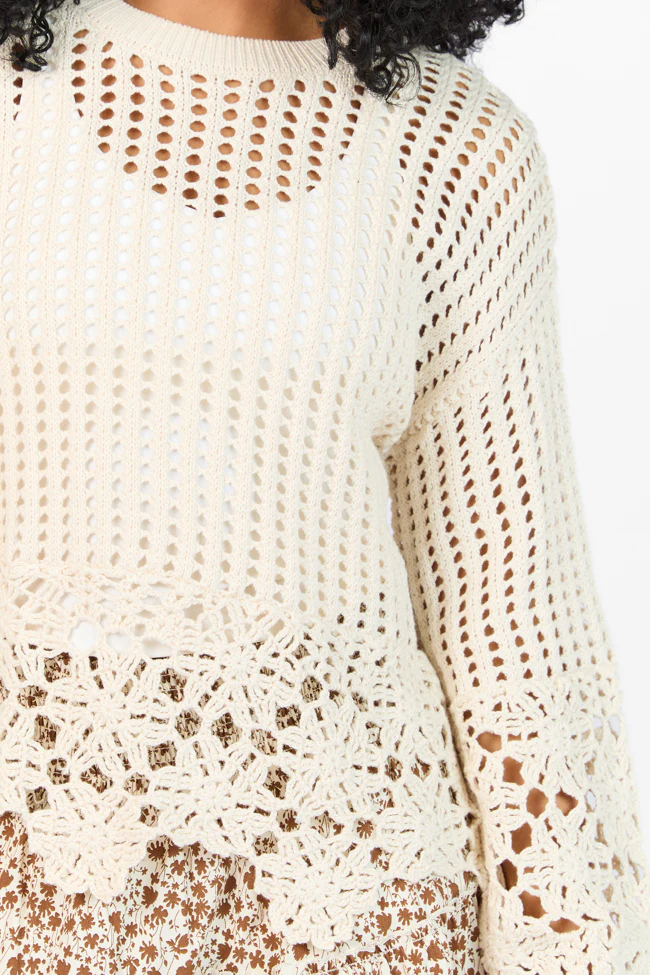 A Little Dramatic Crew Flower Trim Crochet Sweater - Terpint