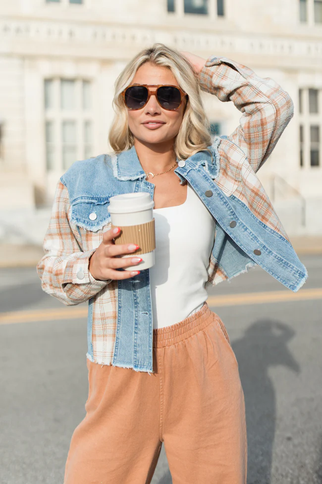 Leads To You Brown Plaid and Denim Jacket FINAL SALE - Terpint