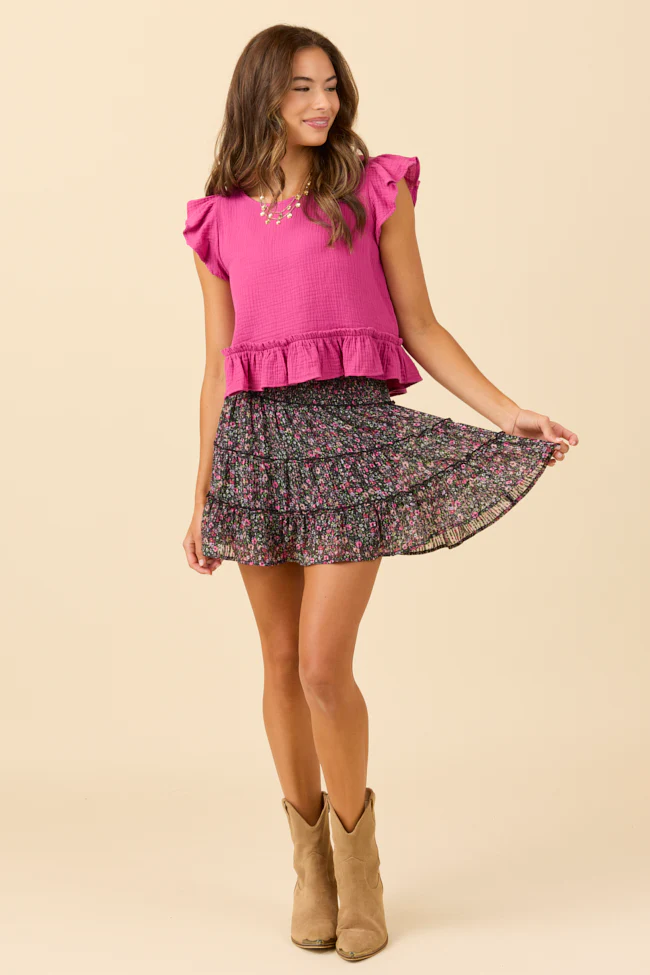 Ruby Pink Gauze Flutter Button Back Woven Blouse - Terpint