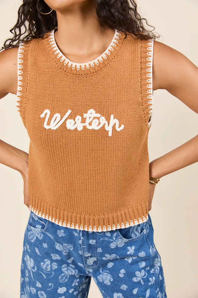 Selah Sleeveless Brown Western Sweater Vest - Terpint