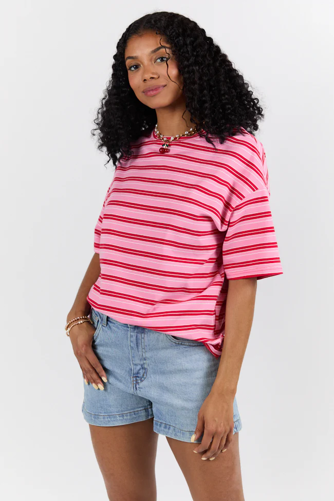 Between The Lines Pink and Red Oversized Striped Tee DOORBUSTER - Terpint
