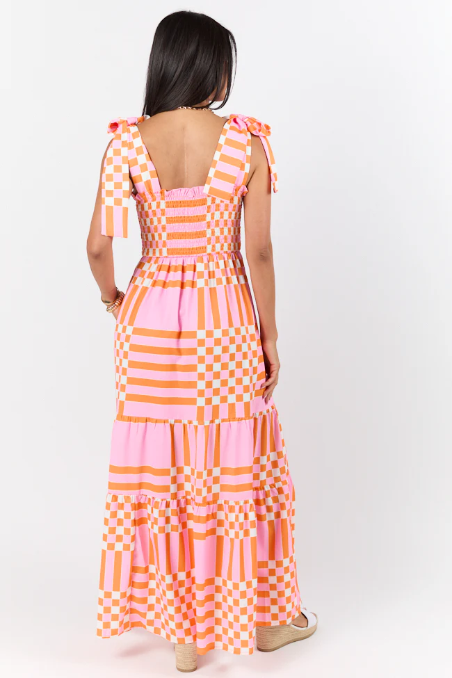 Get The Check Pink and Orange Printed Checkered Maxi Dress - Terpint