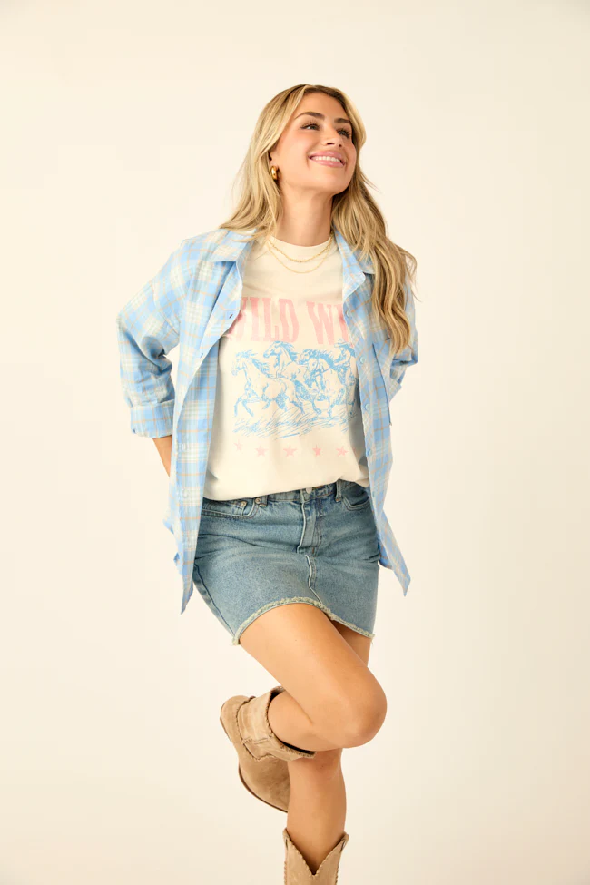 Rory Blue and Cream Plaid Button Down Top DOORBUSTER - Terpint