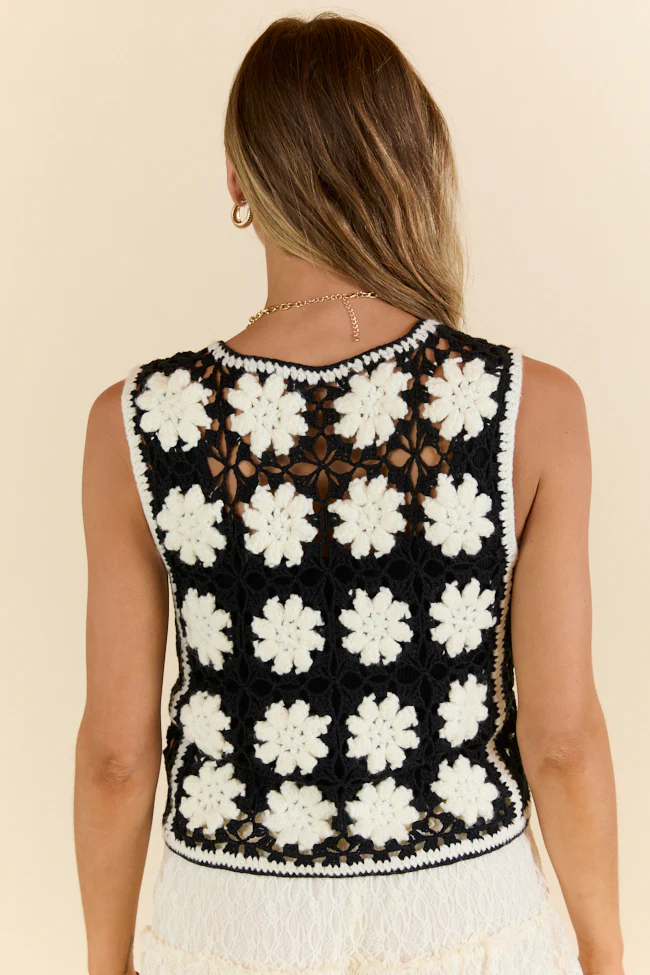 Rodeo Drive Black and Ivory Crochet Sweater Vest - Terpint