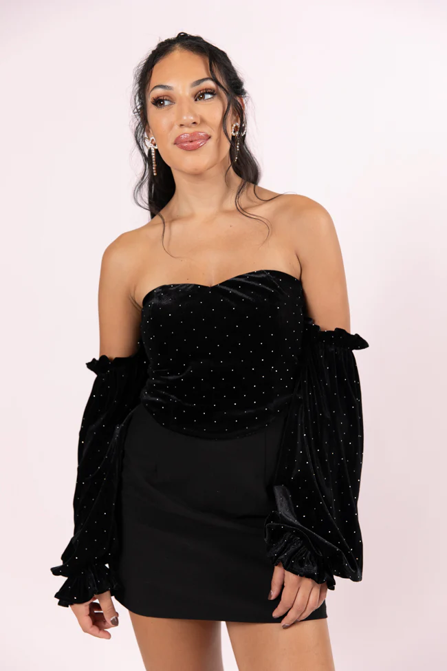 Brightest Star Black Off The Shoulder Rhinestone Studded Velvet Top FINAL SALE - Terpint