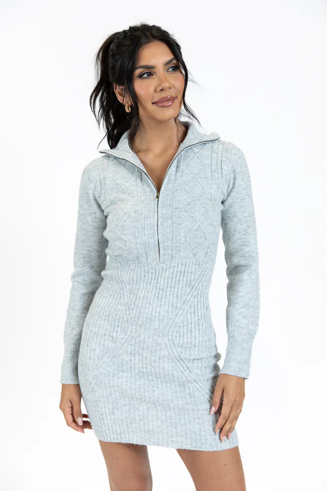Taking Compliments Grey Quarter Zip Style Sweater Dress FINAL SALE - Terpint