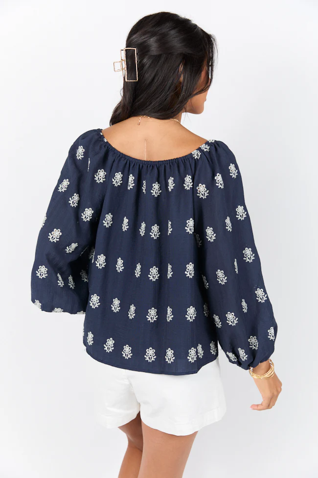 Come Along Navy Embroidered Woven Pop Over Blouse FINAL SALE - Terpint