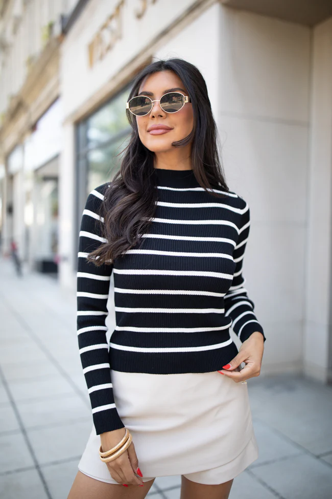 Cabin Bound Black Striped Fitted Mock Neck Sweater FINAL SALE - Terpint