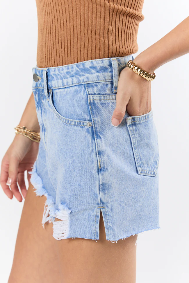 Nights Abroad Light Wash Distressed Denim Shorts DOORBUSTER - Terpint