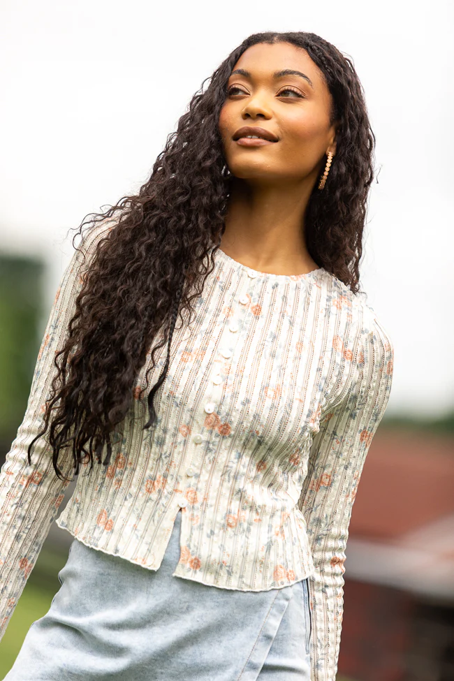 London Button Detail Floral Long Sleeve Knit Top - Terpint