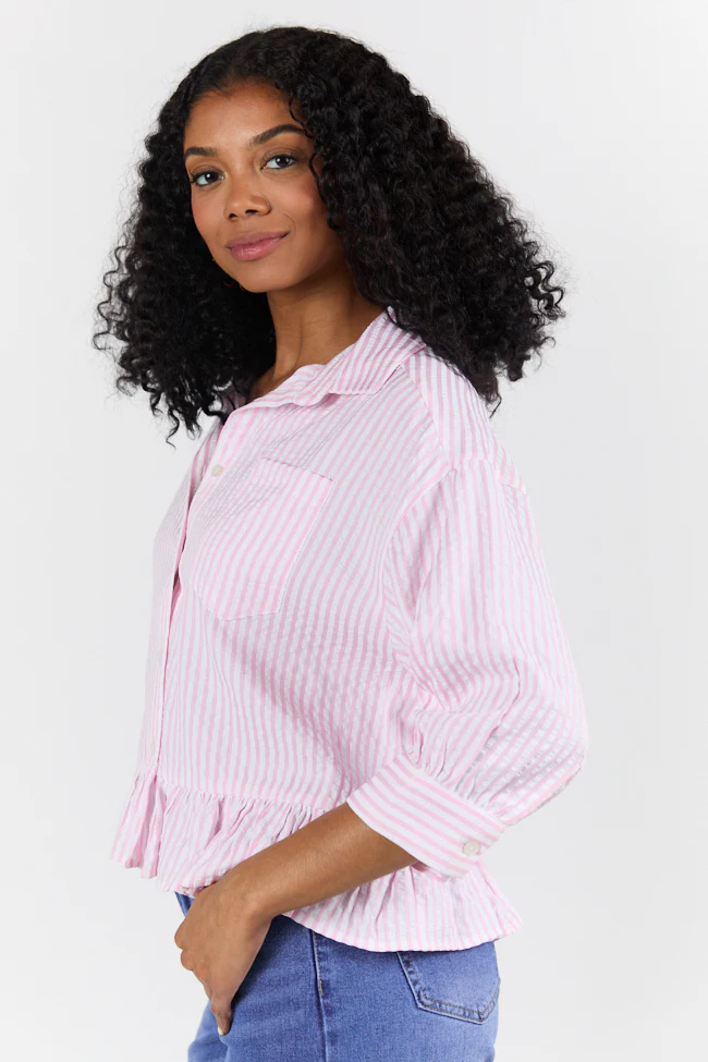 In Depth Pink Ruffle Hem Textured Stripe Button Down Top SALE - Terpint