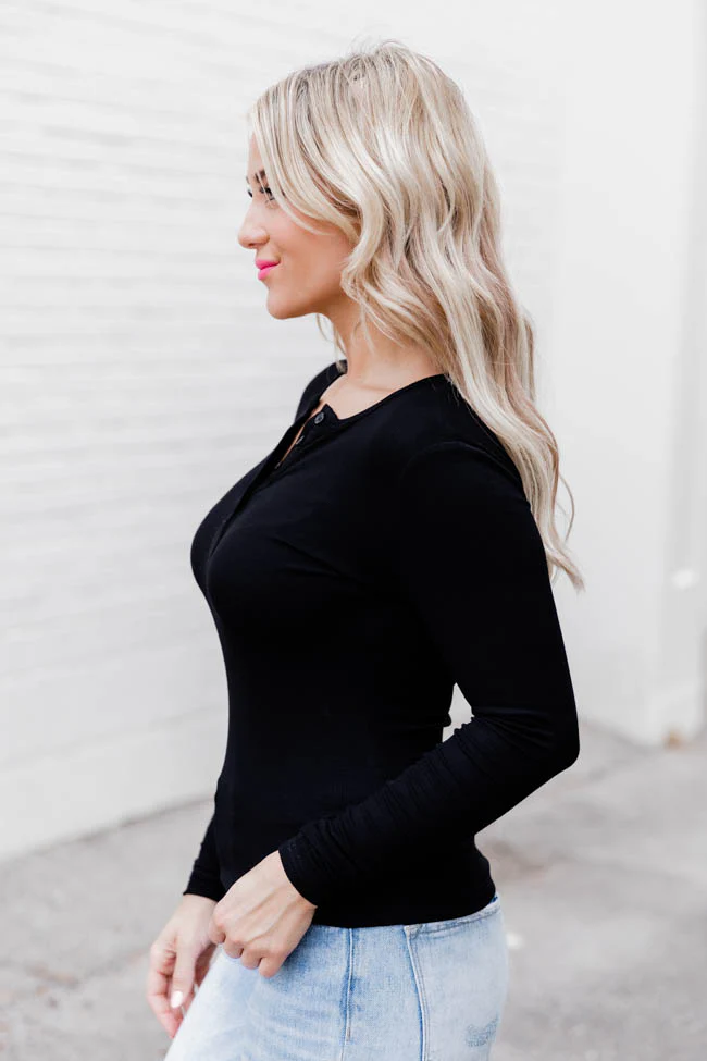 All The Better Black Ribbed Knit Henley Long Sleeve Tee FINAL SALE - Terpint