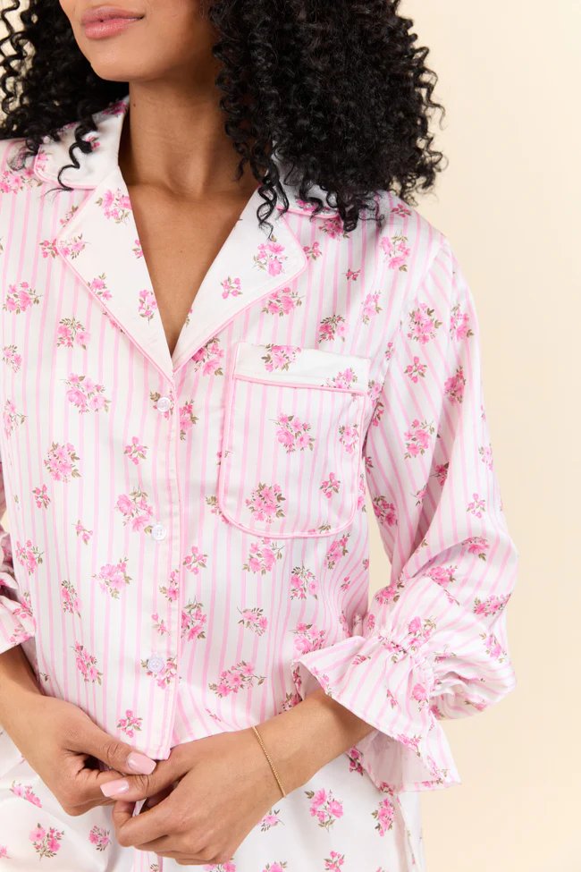 Sleep On My Side Pink Floral Satin Long Sleeve Pajama Top FINAL SALE - Terpint