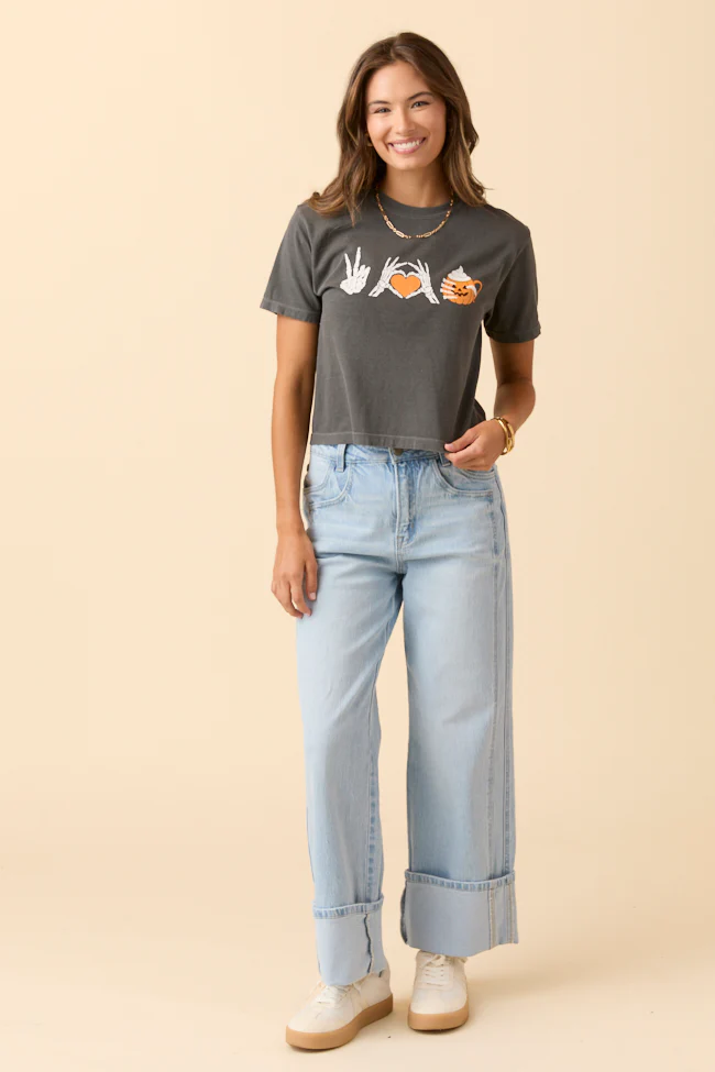 Peace, Love, and Pumpkin Spice Latte Dark Grey Boxy Graphic Tee - Terpint