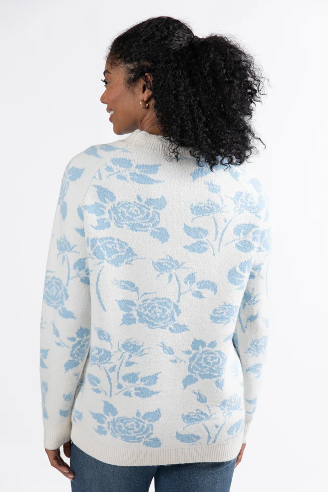 Feeling Like Love Ivory and Blue Floral Crew Neck Sweater FINAL SALE - Terpint