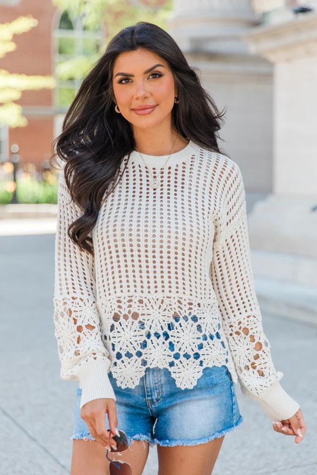 A Little Dramatic Crew Flower Trim Crochet Sweater - Terpint