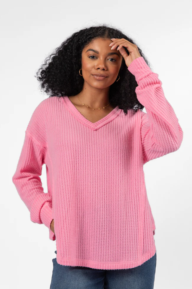 Idle Hands Pink Waffle Knit V-Neck Oversized Knit Top FINAL SALE - Terpint