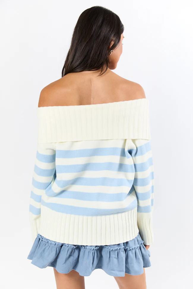 Undertow Feelings Ivory and Blue Striped Off The Shoulder Sweater FINAL SALE - Terpint
