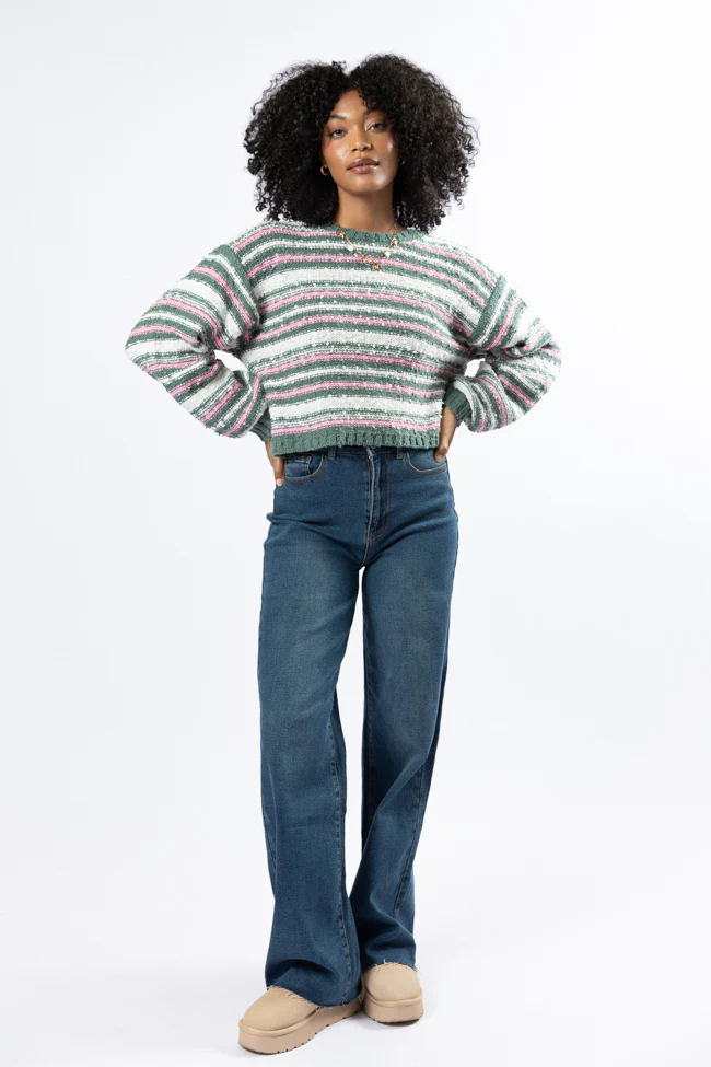 While I'm Away Green Multi Striped Popcorn Sweater FINAL SALE - Terpint
