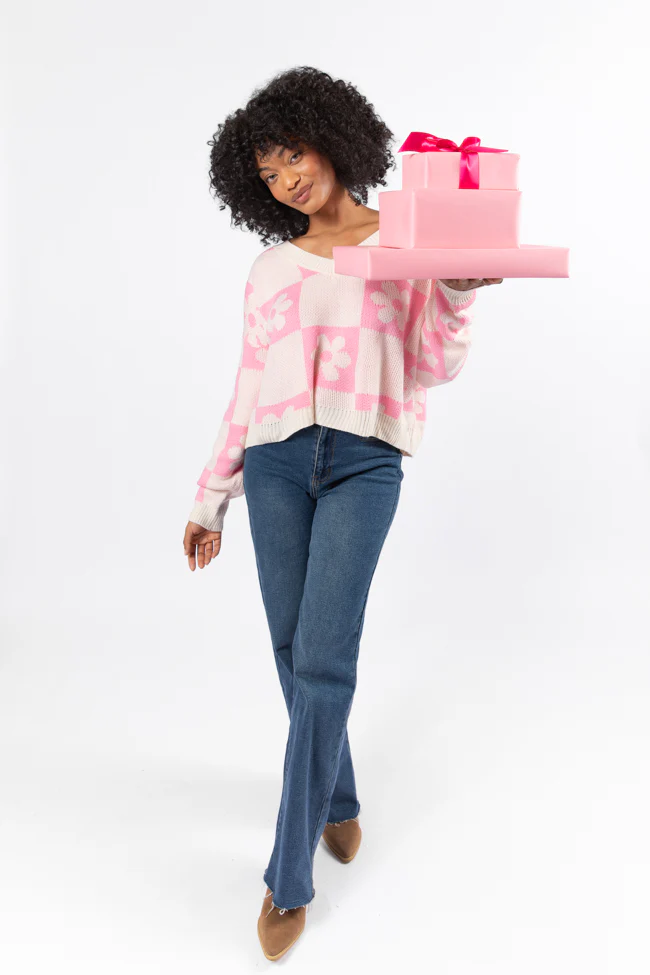 Found A New Way Pink V-Neck Checkered Flower Sweater FINAL SALE - Terpint