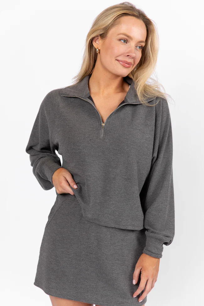 Tried It All Charcoal Quarter Zip Ribbed Knit Pullover FINAL SALE - Terpint