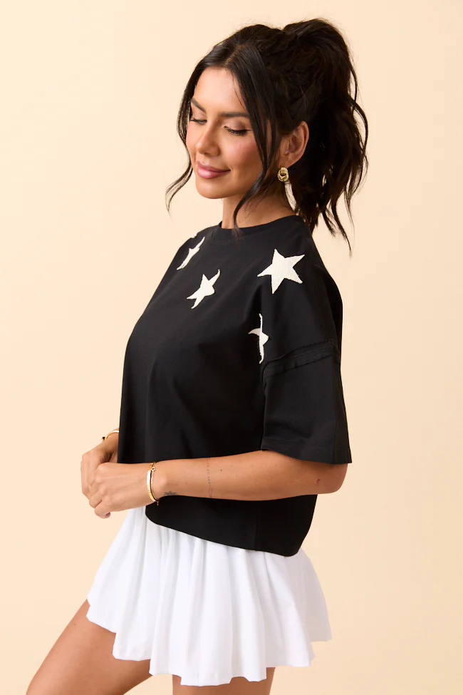 Sally Black Stars Cropped Knit Short Sleeve Top - Terpint
