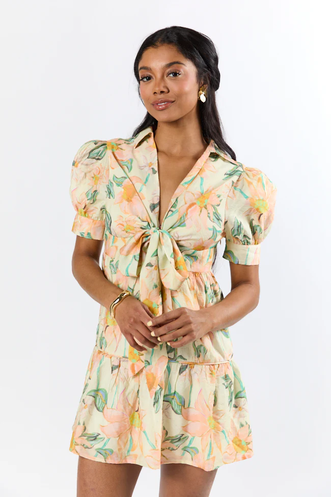 Off The Vine Multi Floral Print Front Tie Shirt Dress SALE - Terpint