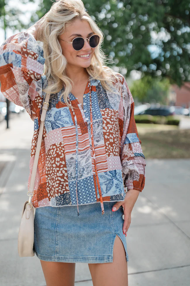 Outlook On Life Brown Multi Patchwork Printed Blouse FINAL SALE - Terpint