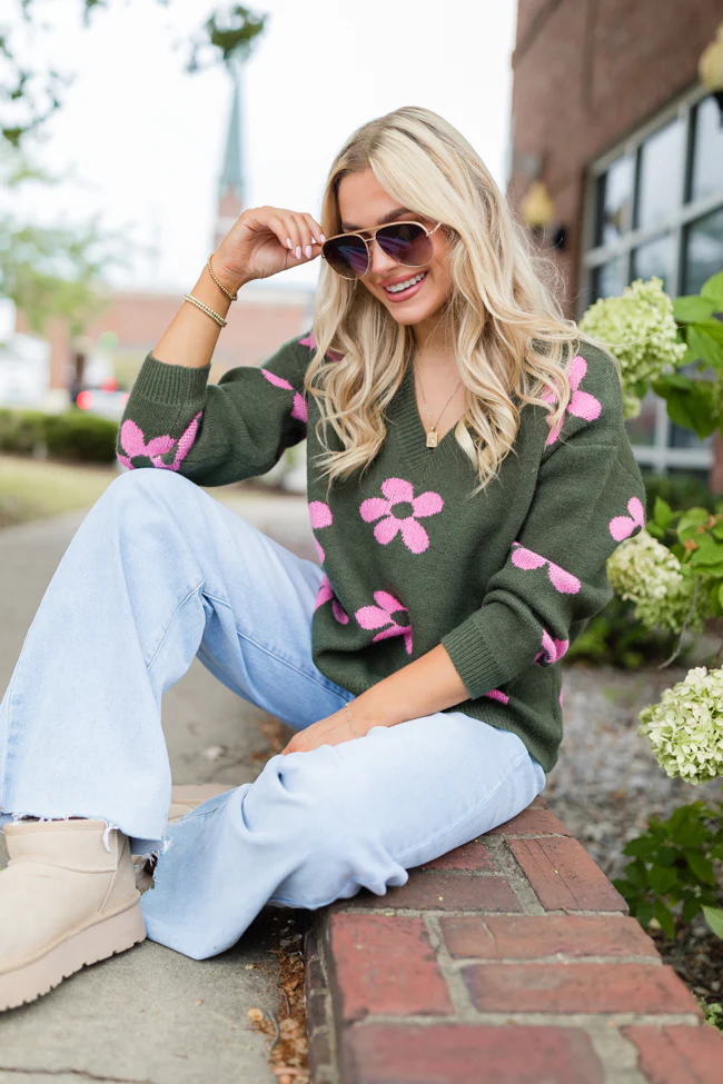 Keep You Around Olive and Pink Floral V-neck Sweater FINAL SALE - Terpint