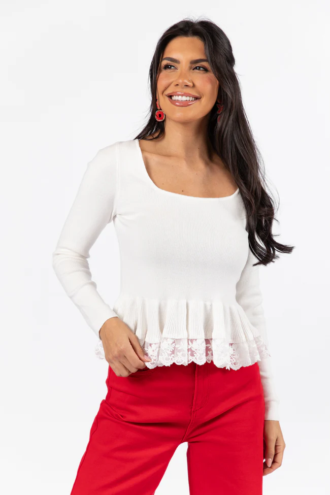 Choose Me Ivory Lace Trim Square Neck Sweater FINAL SALE - Terpint