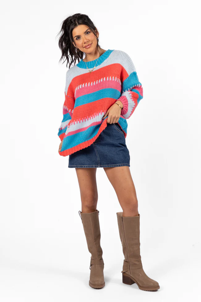 Something Extra Blue Multi Stripe Chunky Knit Stitch Detail Sweater FINAL SALE - Terpint