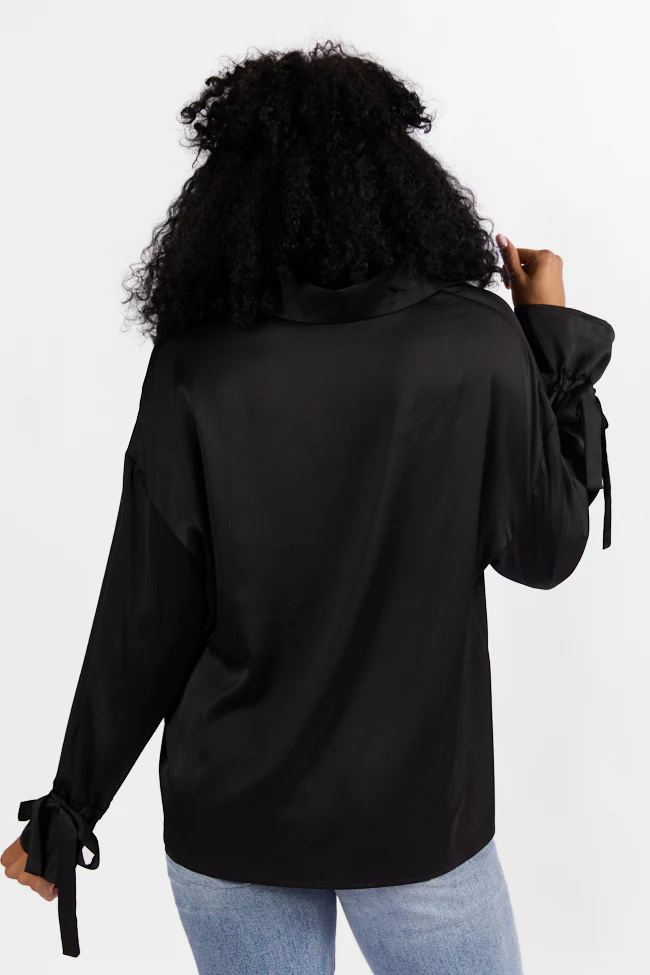 Think It Through Black Bow Cuff Satin Button Down Shirt FINAL SALE - Terpint