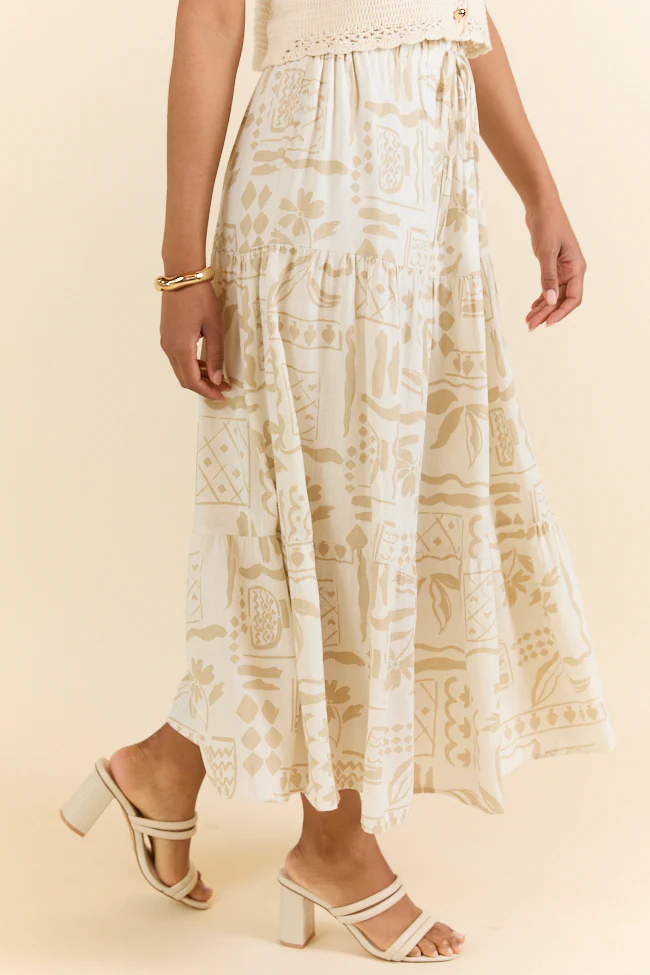 First Stop Ivory and Beige Icon Printed Midi Skirt FINAL SALE - Terpint