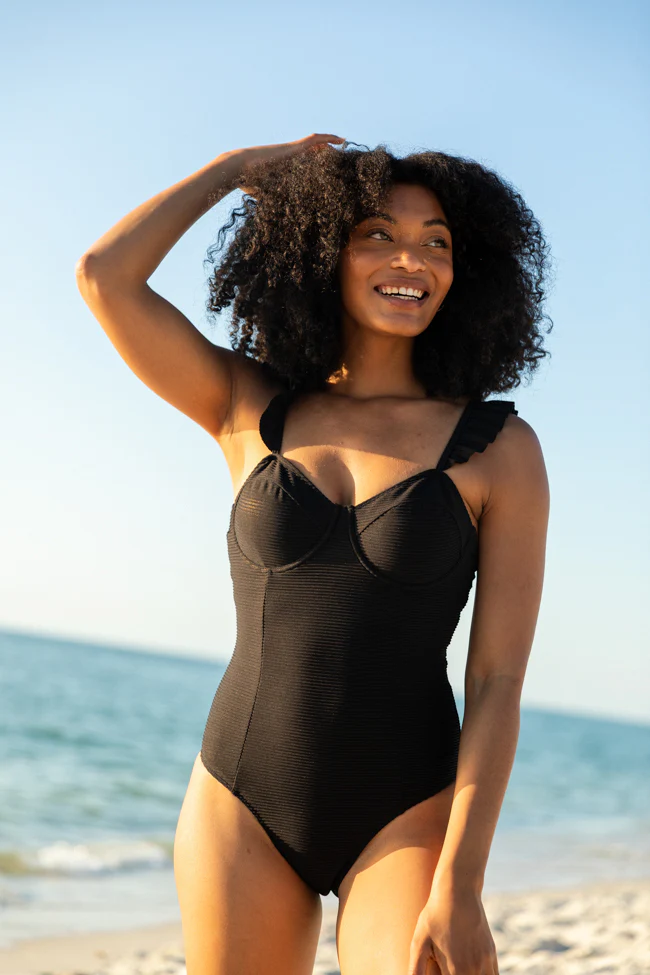 Ride The Waves Black Ruffle Shoulder One Piece Swimsuit FINAL SALE - Terpint