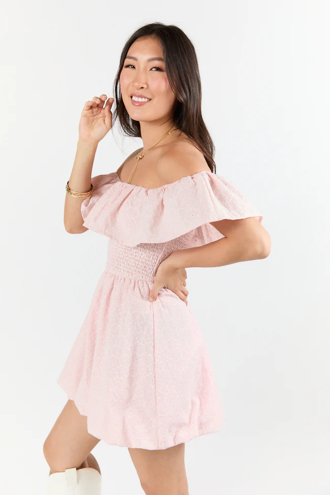 Best Reflection Blush Off The Shoulder Eyelet Gingham Dress FINAL SALE - Terpint