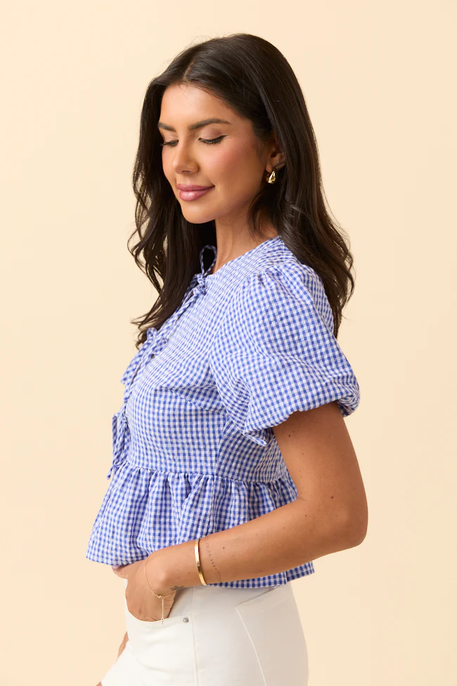 Mila Blue Gingham Tie Front Flounce Woven Blouse DOORBUSTER - Terpint