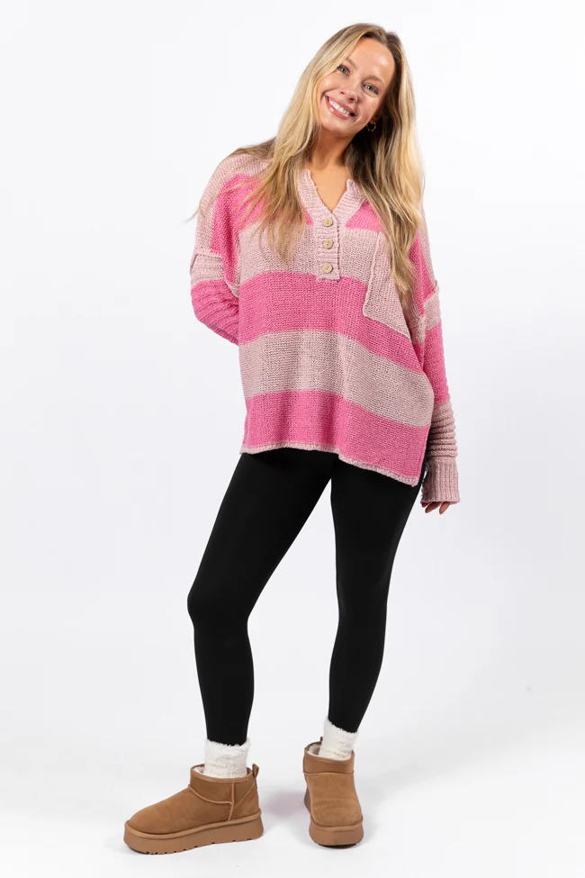 Know You Best Pink Oversized Striped Henley Sweater - Terpint
