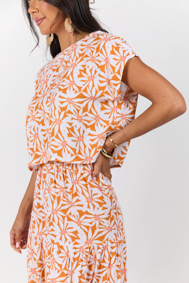 Dinner Downtown Orange Multi Floral Print Two Piece Skirt Set - Terpint