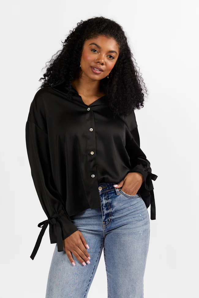 Think It Through Black Bow Cuff Satin Button Down Shirt FINAL SALE - Terpint