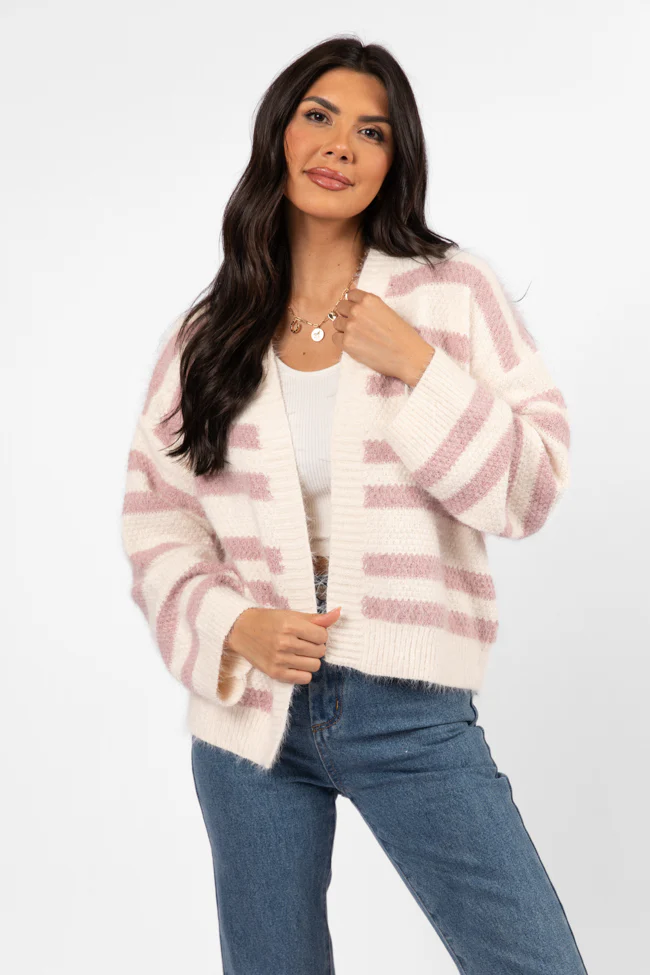 Made My Change Mauve and Cream Fuzzy Striped Cardigan SALE - Terpint