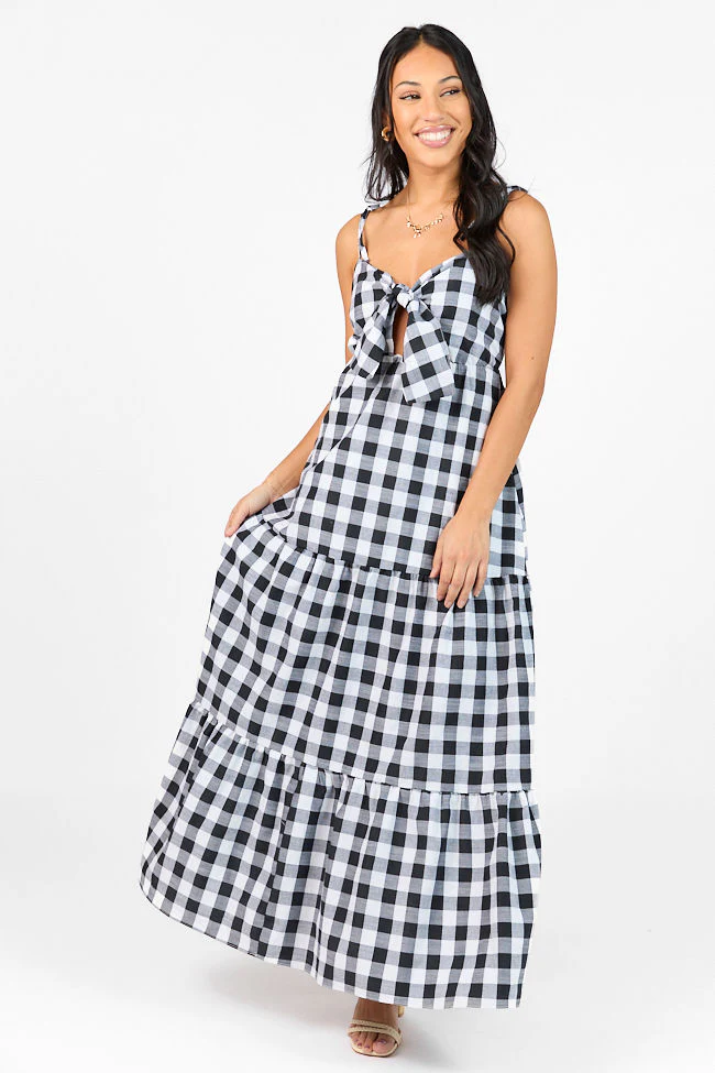 Checked Out Black and White Gingham Tie Front Maxi Dress FINAL SALE - Terpint