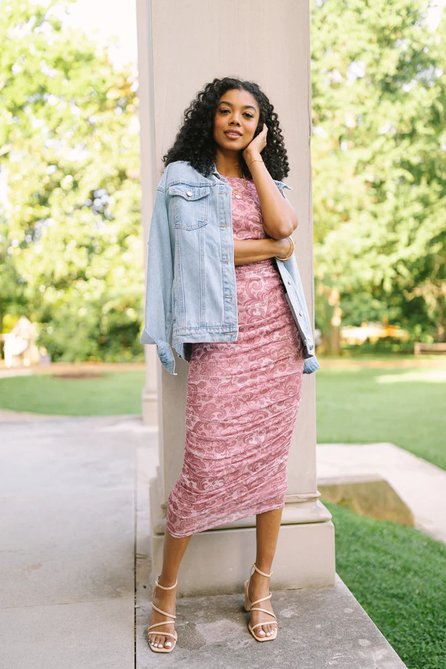 Ali Mauve Lace Print Mesh Midi Dress - Terpint