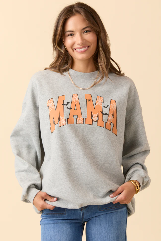 Mama Block Halloween Printed Light Grey Graphic Sweatshirt - Terpint