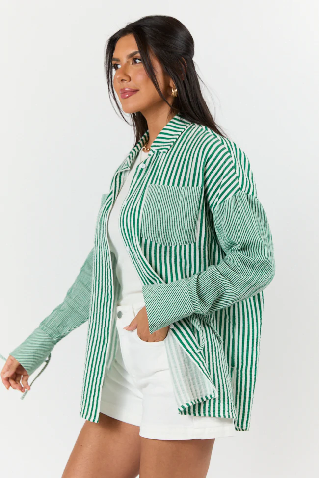 Daybreak Dreams Green Gauze Multi Stripe Button Down Top - Terpint