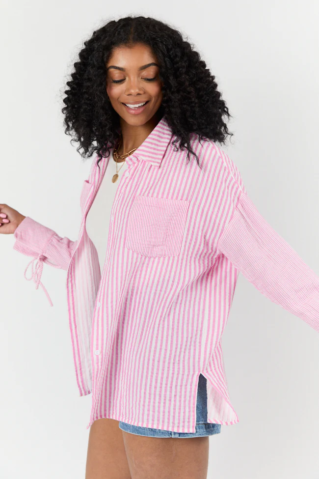 Daybreak Dreams Pink Gauze Multi Stripe Button Down Top FINAL SALE - Terpint